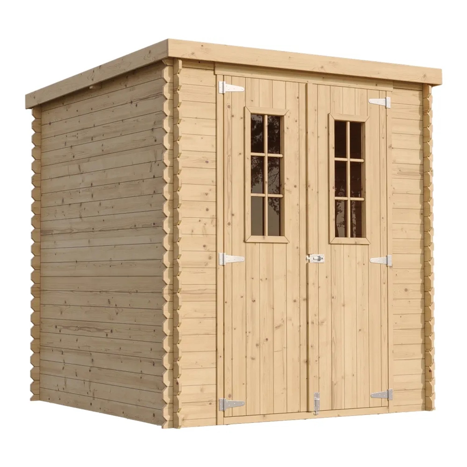 Timbela Holz-Gartenhaus M309C, beige-braunes Gartenhaus mit Doppeltür und Fenster.