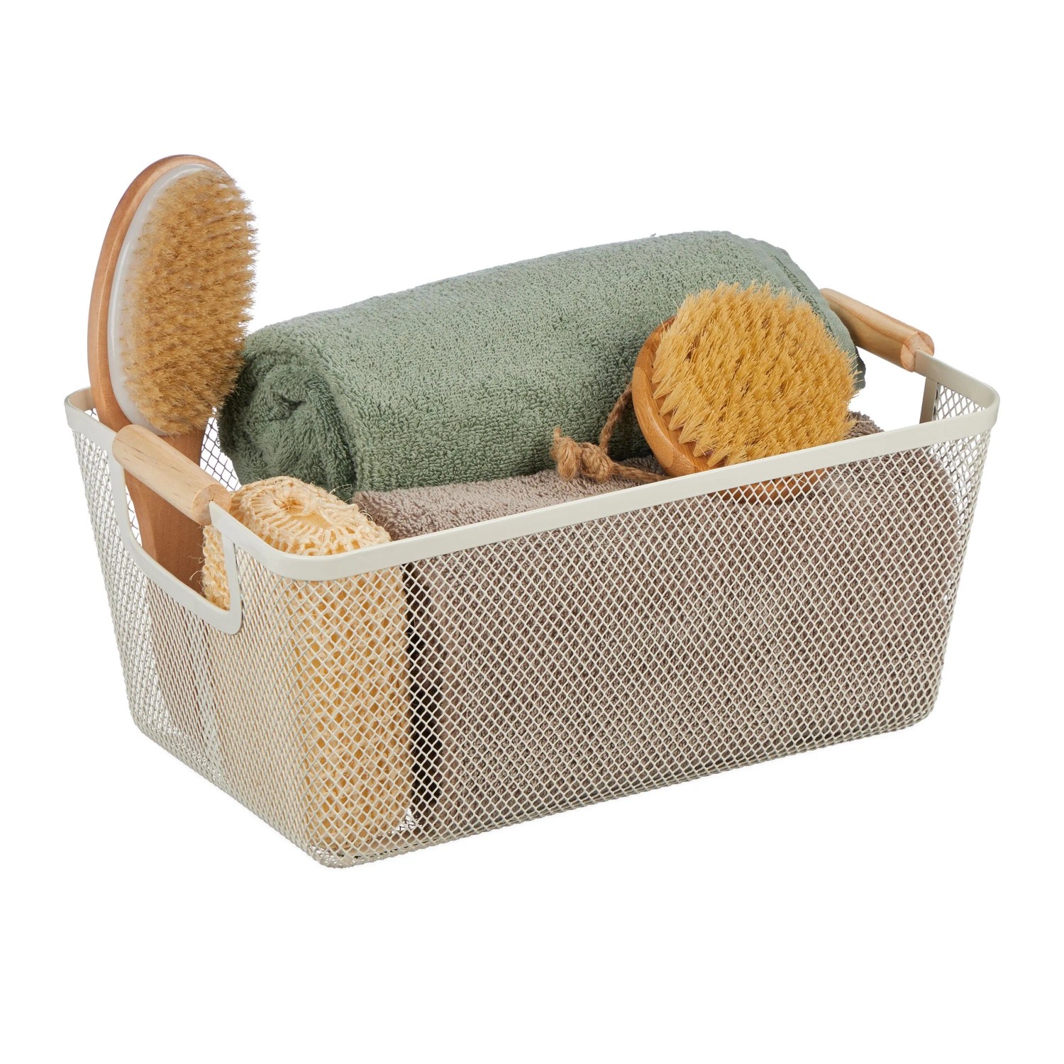 Relaxdays Drahtkorb Stahl Holz Weiß mit Holzgriffen 16,5 cm x 37 cm x 22,5 cm 0,5 kg