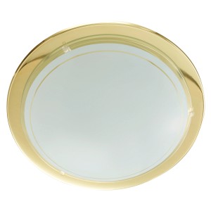 Eglo Deckenleuchte Planet 1, messingfarbener Rahmen, weißes Glas, runde Form.