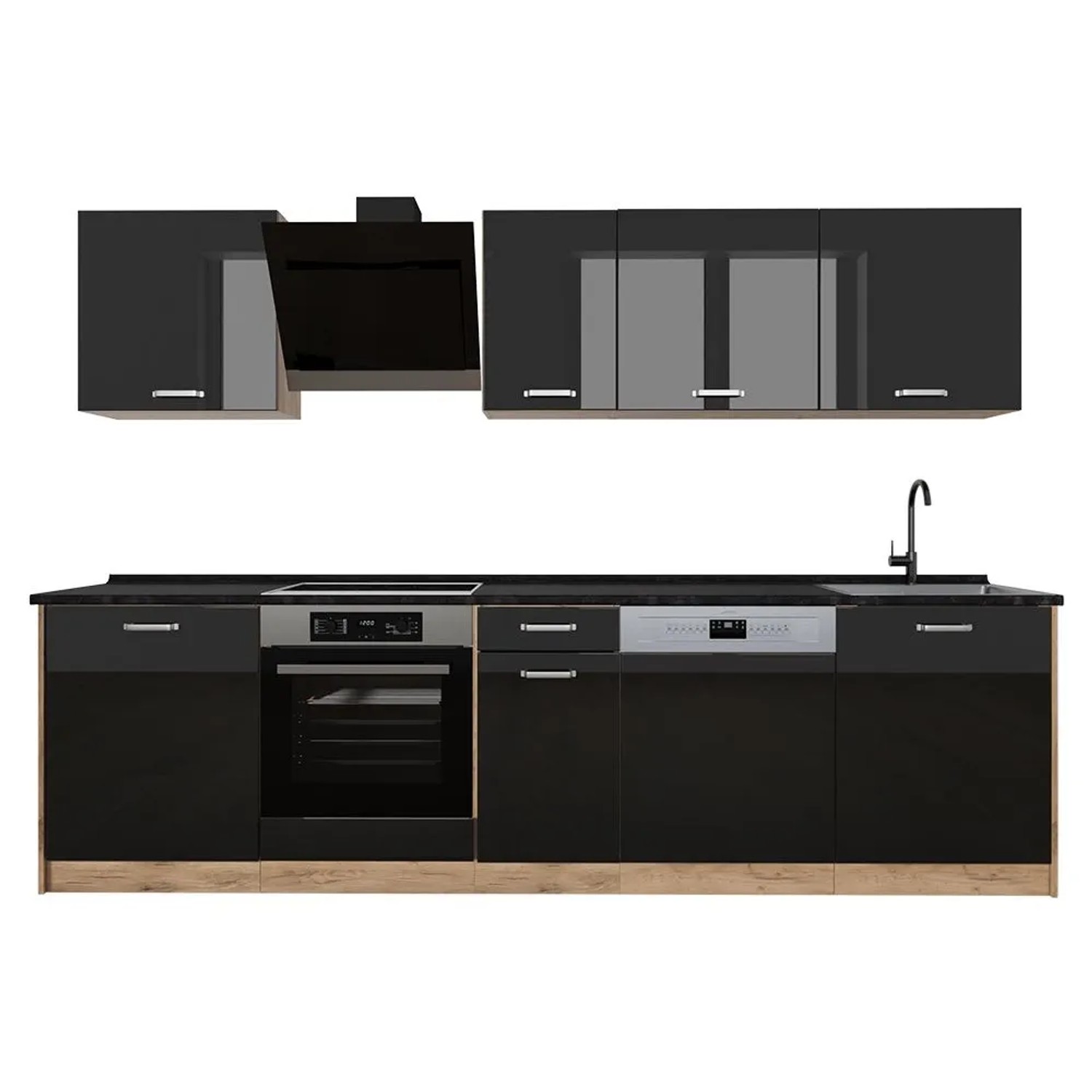 Vicco Küchenzeile R-Line Schwarz Hochglanz/Goldkraft Eiche 280 x 207 Arbeitsplatte Anthrazit Art Nr 66398