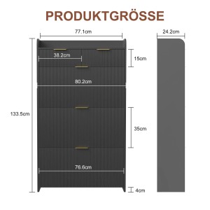 Schuhschrank PXloue schwarz mit 3 Klappen, Schubladen und Maßangaben.