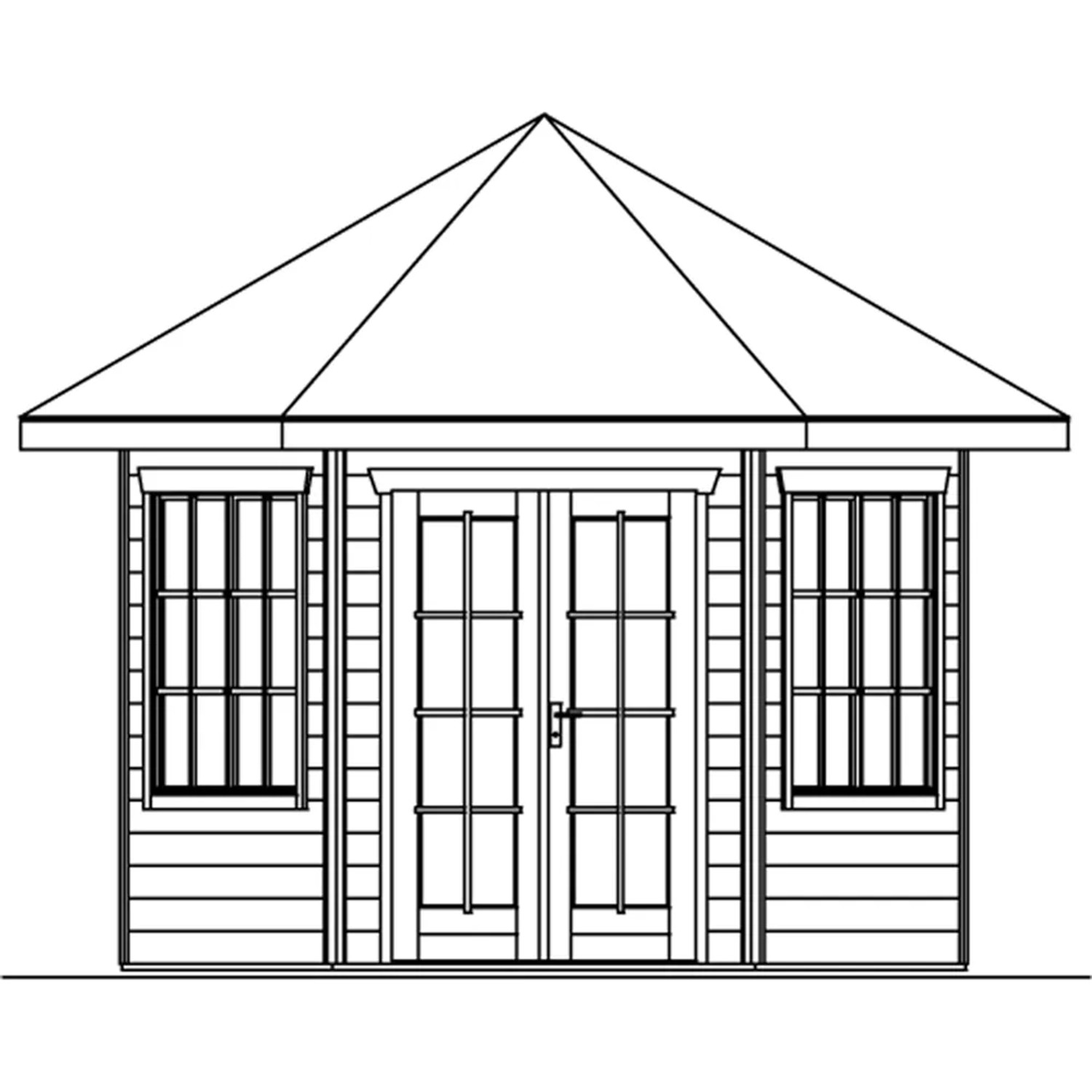 Holz-Pavillon Almelo in Schwedenrot: Gartenlaube mit Doppeltür und Fenstern mit Sprossen.