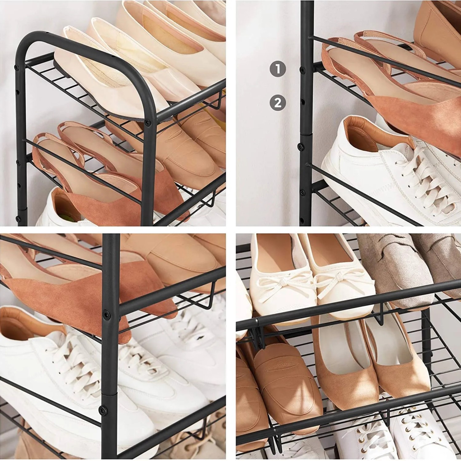 Schuhregal, schwarz, mit 4 Ablagen und diversen Schuhen. Praktische Schuhaufbewahrung.