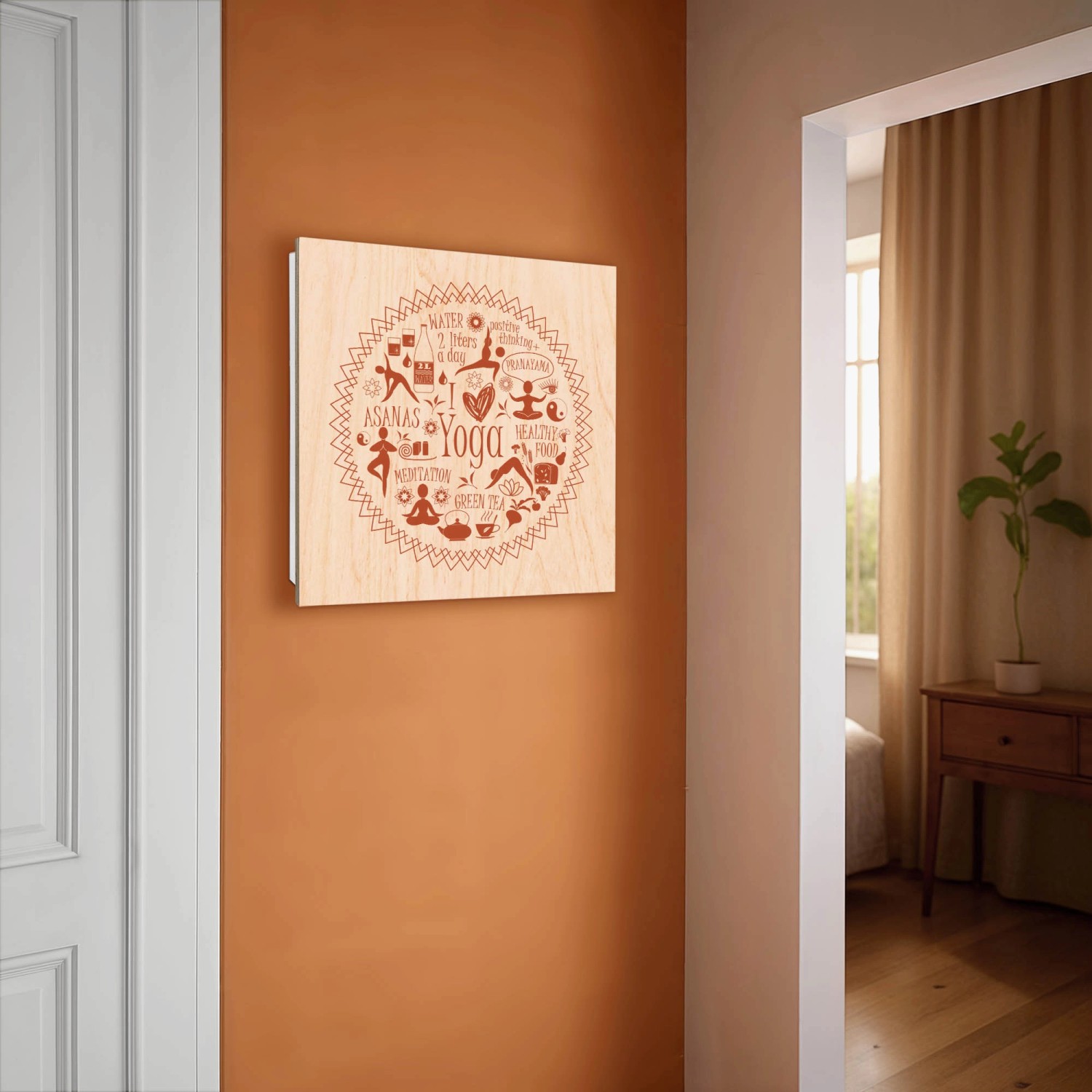 Weißer Schlüsselkasten aus Holz mit Yoga-Motiv, 50 Haken, Scharnier rechts, 30x30cm. Dekorativer Garderobenhaken von Banjado.