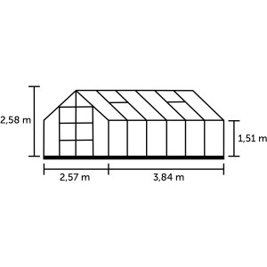 Skizze des Halls Gewächshaus Magnum 128 Alu mit Maßangaben. Ideal für die Planung Ihres neuen Gewächshauses.