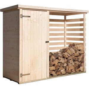 Weka Multifunktions-Gartenschrank, 240x90cm, aus Holz mit Tür und offenem Lagerbereich mit Holzscheiten.