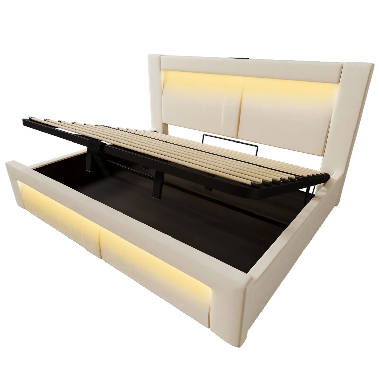 okwish Einzelbett 180x200cm mit LED Beleuchtung Kinderzimmer Beige ohne Matratze
