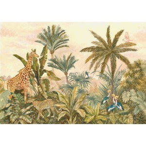 Komar Vliesfototapete Tropical Vintage Garden mit Dschungelmotiv, Giraffe und Leopard.