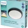 Verpackung der schwarzen Philips LED-Deckenleuchte Doris, 6W, 2700K, IP44. Augenschonendes Licht.