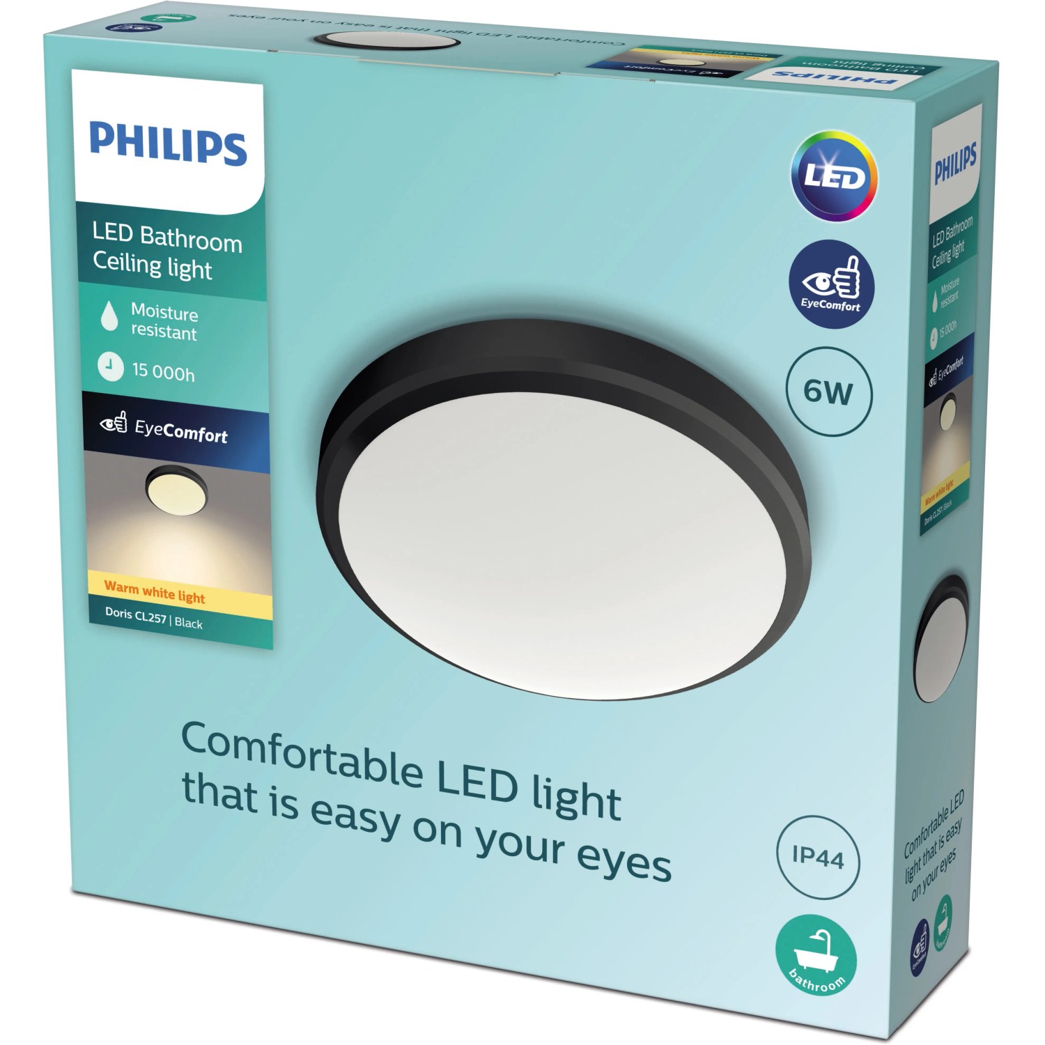 Verpackung der schwarzen Philips LED-Deckenleuchte Doris, 6W, 2700K, IP44. Augenschonendes Licht.