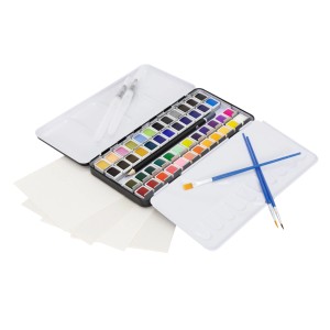 ECD Germany Aquarellfarben Set mit 48 Farben, Pinsel, Stiften und Papier im Malkasten.