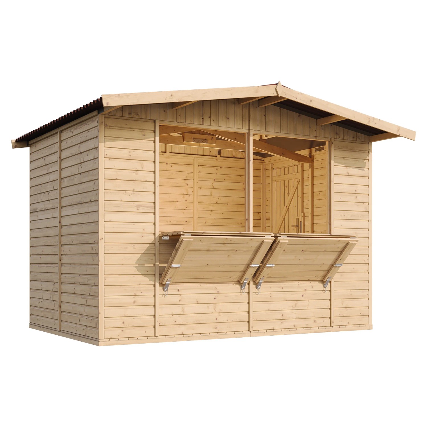Timbela Marktbude M150 aus Holz mit zwei Theken, ideal als Gartenhaus oder Verkaufsstand.