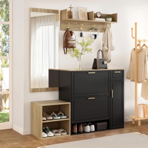 Modernes Garderoben Set in Schwarz/Natur: Schuhschrank, Sitzbank, Spiegel, Wandregal mit Haken für den Flur.