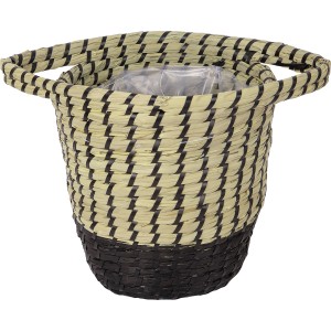 Natur-schwarzer Pflanzkorb aus Seegras, Ø 22 cm, mit Griffen. Übertöpfe für den Wohnbereich.