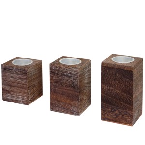 3er Set braune Teelichthalter aus Paulowniaholz im Shabby-Look, S, M, L. Dekorative Kerzenhalter.