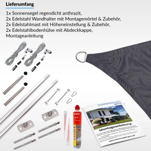 Toldoro Sonnensegel Komplettset, 5x3m, anthrazit, mit Befestigungsmaterial, Masten und Montageanleitung.
