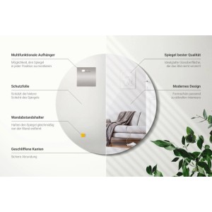 Runder Wallfluent Wandspiegel, 80x80 cm, reflektiert modernes Interieur. Zeigt Aufhänger, Schutzfolie, Abstandshalter, geschliffene Kanten.