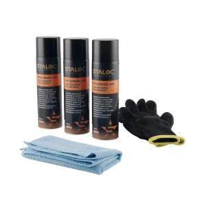 STALOC Orangenreiniger Set: 3 Sprühdosen, blaues Mikrofasertuch, schwarzer Arbeitshandschuh. Reinigungsmittel gegen Fett.