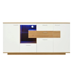 Modernes Sideboard in Weiß und Holzoptik mit LED-Beleuchtung, Türen, Schubladen und Glasablage für viel Stauraum.
