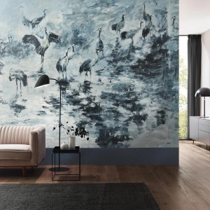 Bricoflor Fototapete mit Kranichen in Weiß und Blau im asiatischen Stil als Wandbild für Wohnräume.