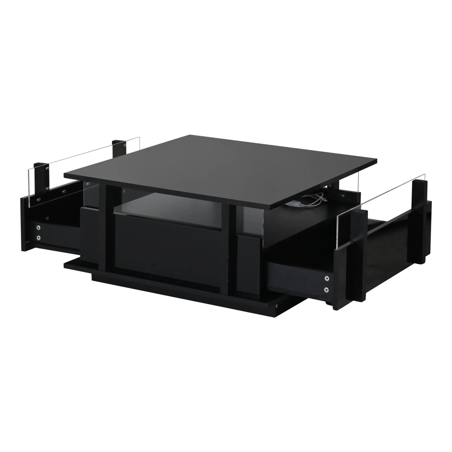 okwish Couchtisch mit LED Schubladen Acryl Trennwand 70x70x35cm Schwarz