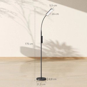 Schwarze HOMCOM Stehlampe aus Stahl, 175 cm hoch, mit flexiblem Schwanenhals und Touch-Bedienung.