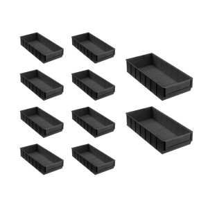 Set aus 10 schwarzen, leitfähigen PROREGAL Industrieboxen (4,7L) für Aufbewahrungssysteme.