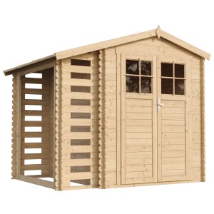 Timbela Holz-Gartenhaus mit Brennholzregal, 4,5 m², unbehandeltes Holz mit Doppeltür.