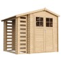 Timbela Holz-Gartenhaus mit Brennholzregal, 4,5 m², unbehandeltes Holz mit Doppeltür.