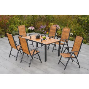 Merxx Santorin 7-tlg. Gartenmöbel-Set mit Tisch (150x90cm) und 6 Klappsesseln aus Akazienholz und Aluminium.