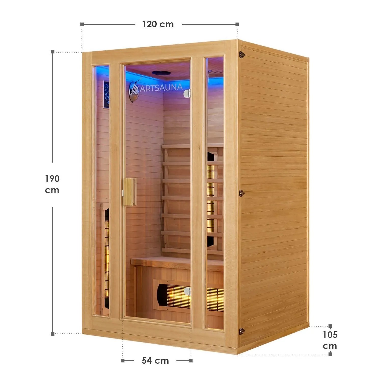 Artsauna Infrarotkabine Nyborg S120V aus Hemlockholz mit Vollspektrumstrahler, Seitenansicht mit Maßangaben.