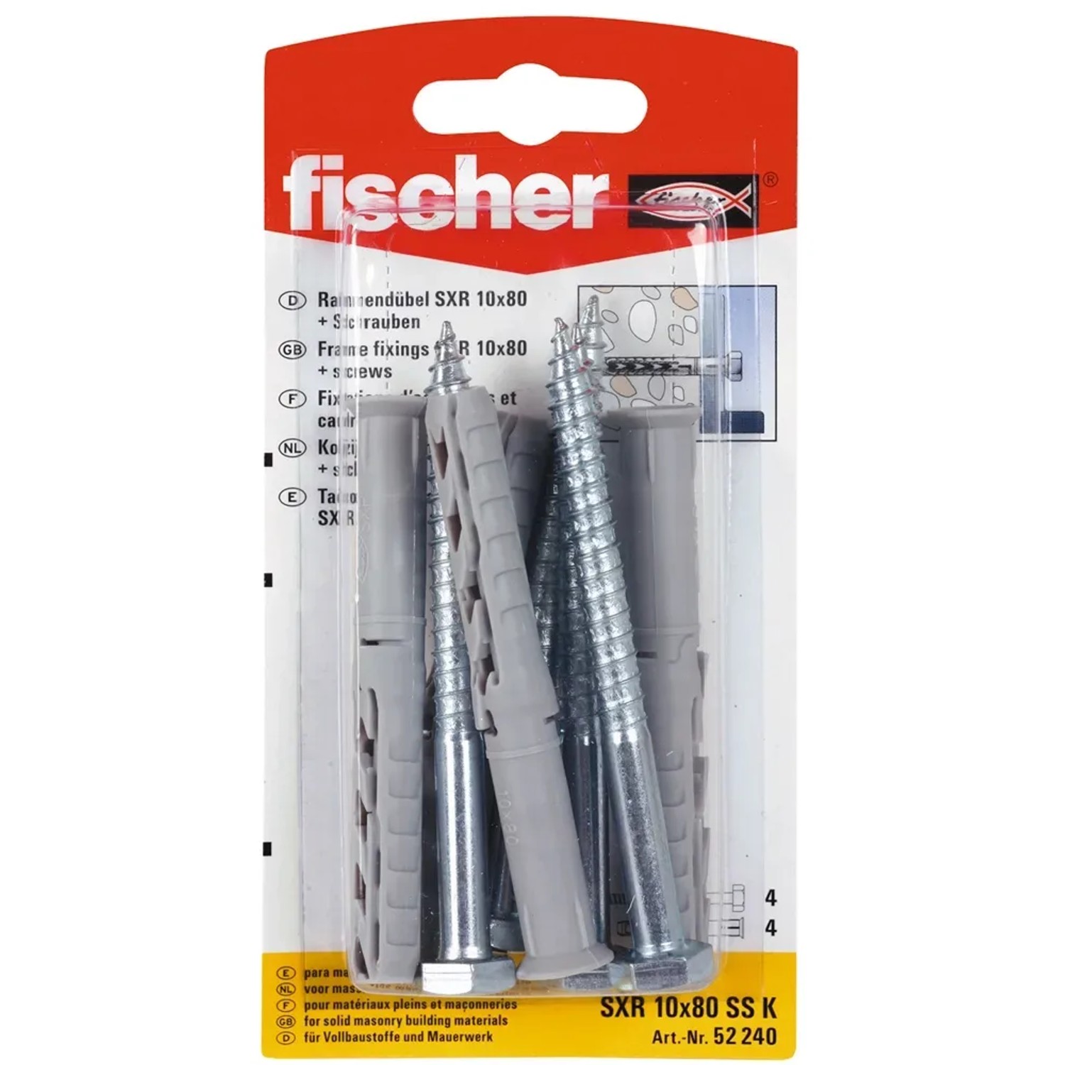Fischer Langschaftdübel SXR 10x80 mit Schraube, 4er-Set, geeignet für Voll- und Lochbaustoffe.