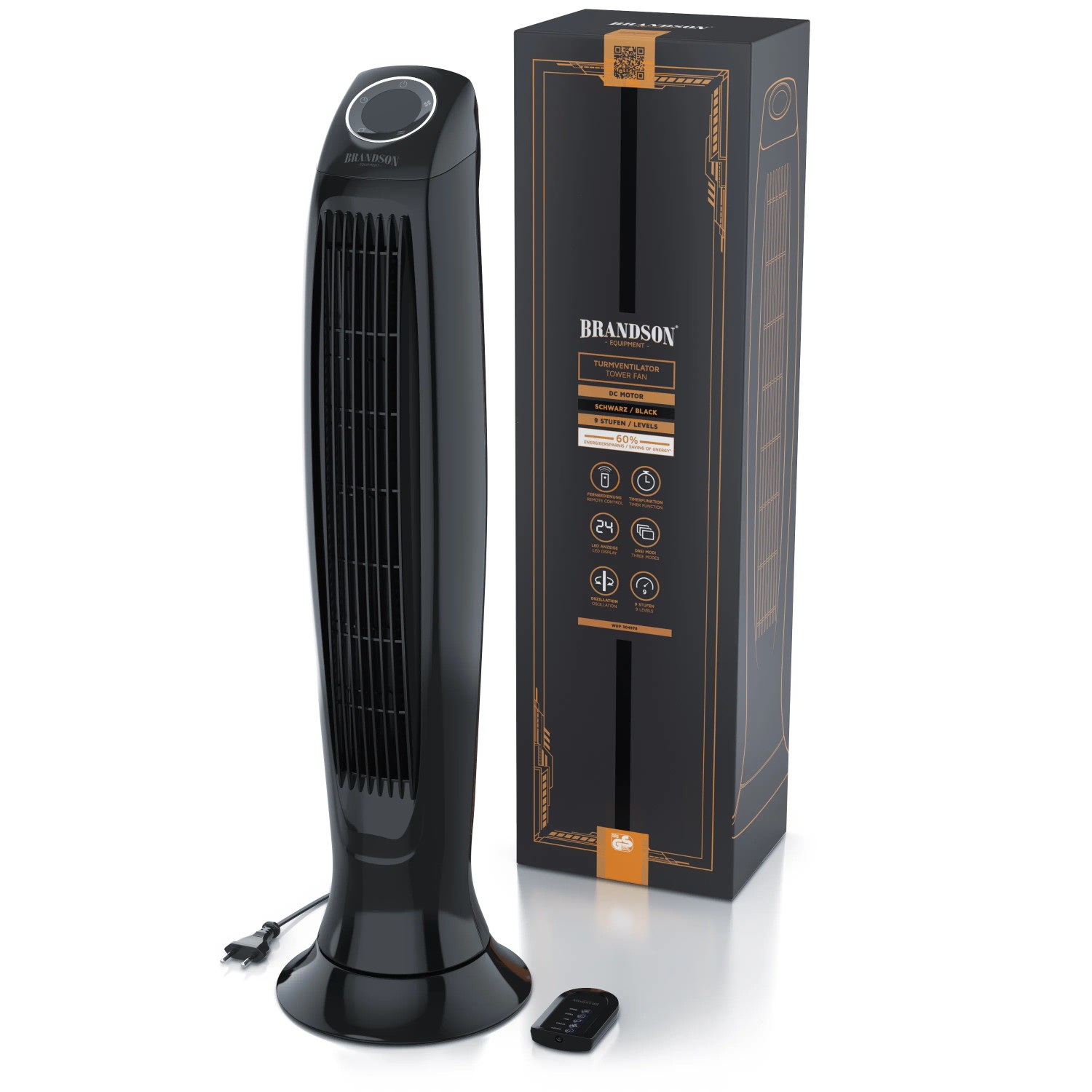 Schwarzer Brandson Turmventilator mit Fernbedienung und Verpackung. Leiser Eco Green Ventilator.