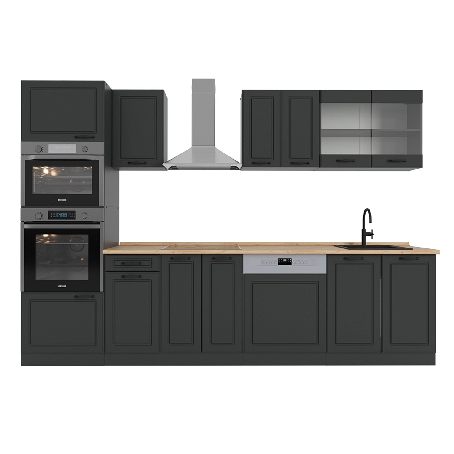 Vicco R-Line Küchenzeile Anthrazit Landhaus/Anthrazit 300 cm mit Hochschran günstig online kaufen