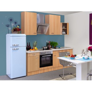 Flex-Well Küchenzeile Classic Nano 220 cm in Buche Nachbildung mit E-Geräten.