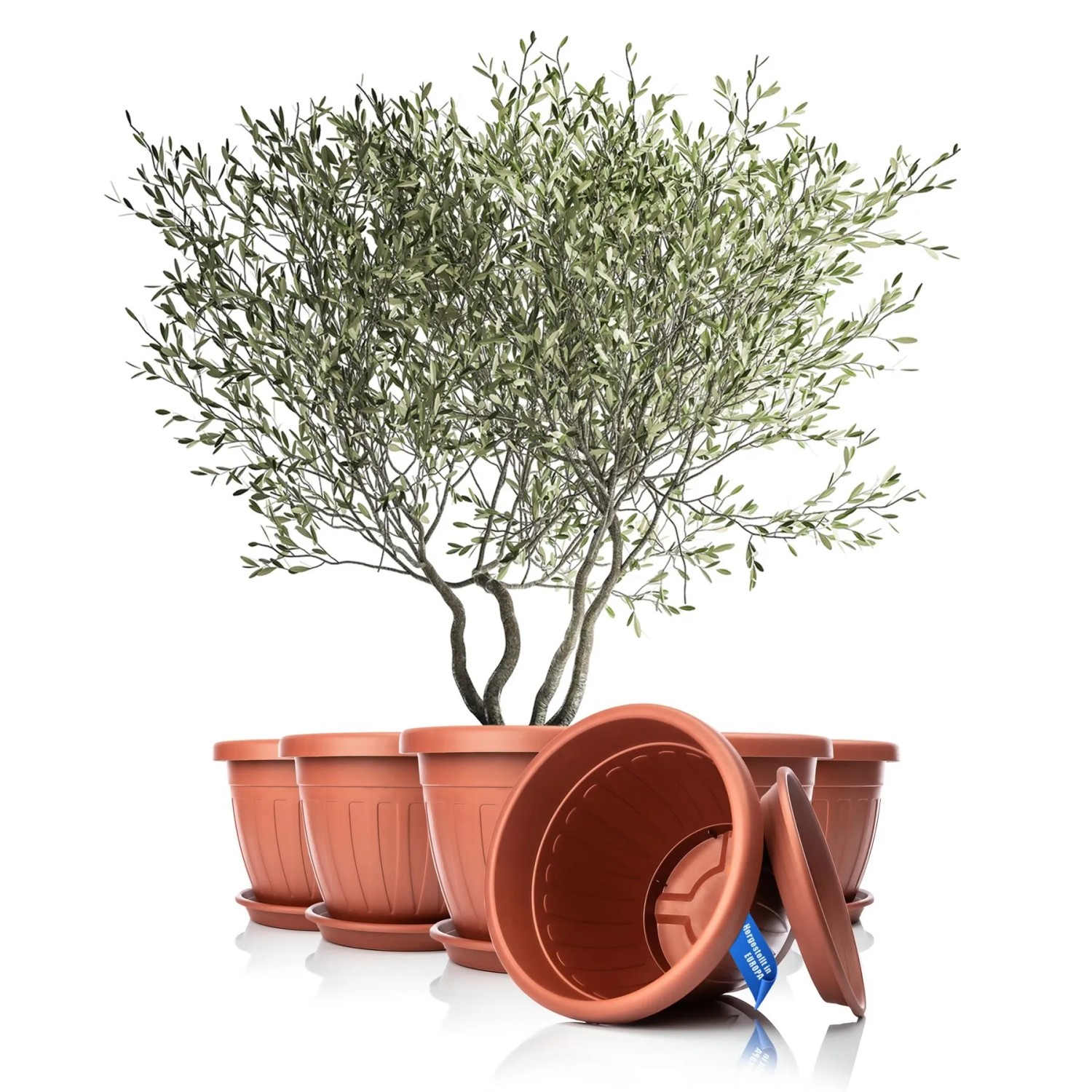 BigDean 6X Blumentopf Mit Untersetzer Rund ø50xH38 Cm Terracotta Wetterfester Pflanzkübel Wasserablauf UV Beständig Aus Bruchsicherem Kunststoff Innen