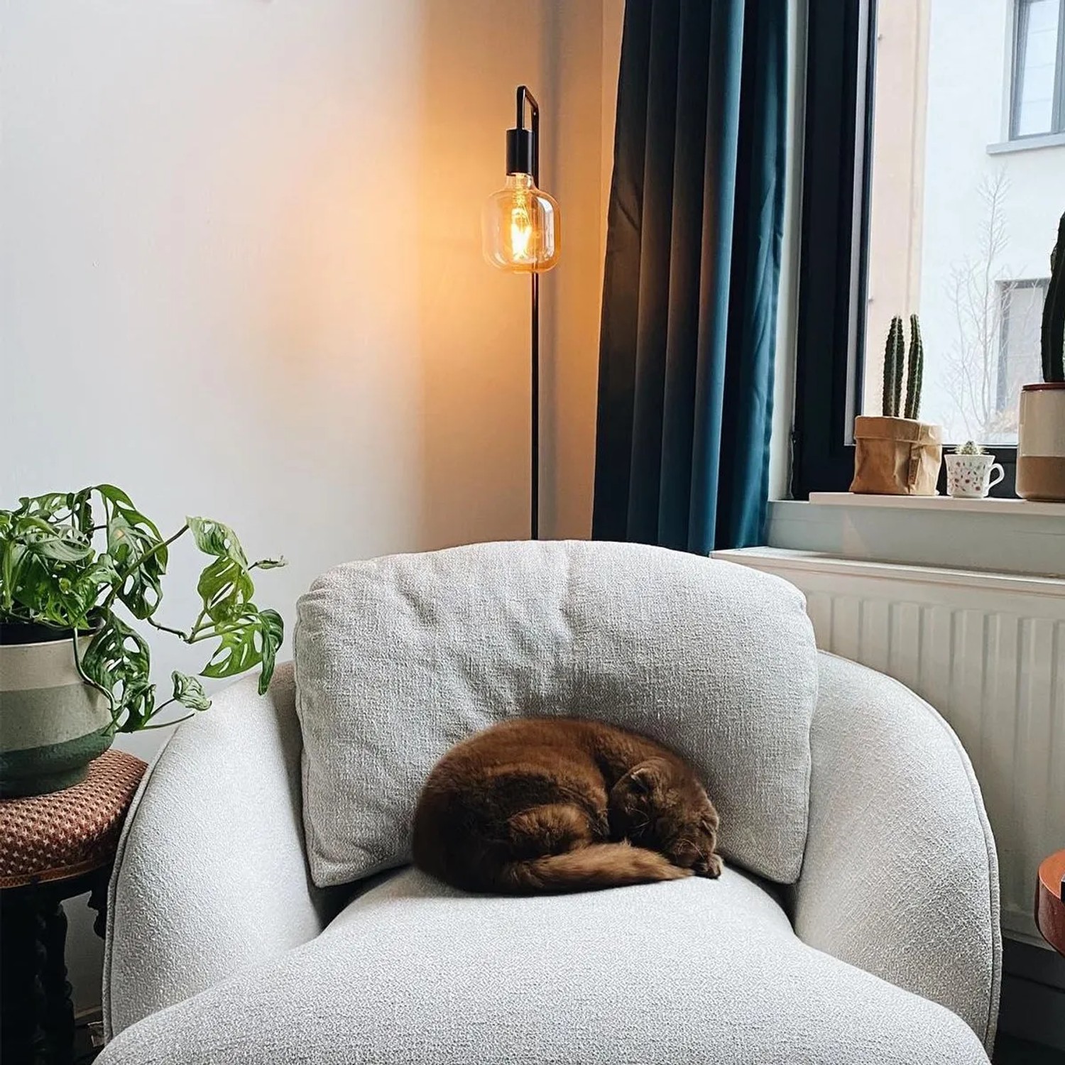 Moderne schwarze Stehlampe Facil von QAZQA, 145cm hoch, mit warmem Licht und Katze auf Sessel.
