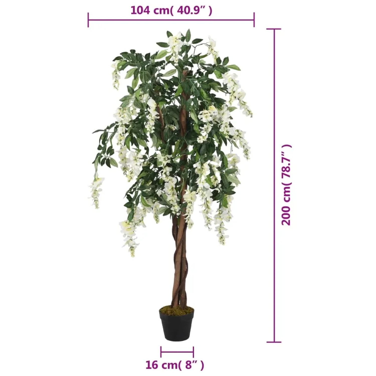 Künstlicher Glyzinienbaum, 200 cm hoch, mit grünen Blättern und weißen Blüten im Topf.