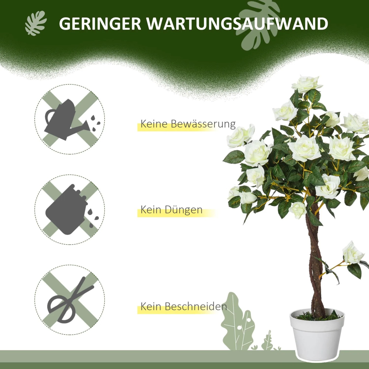 Outsunny künstliche Rosenpflanze, weiß, im Topf. Pflegeleicht: kein Gießen, Düngen oder Schneiden nötig.