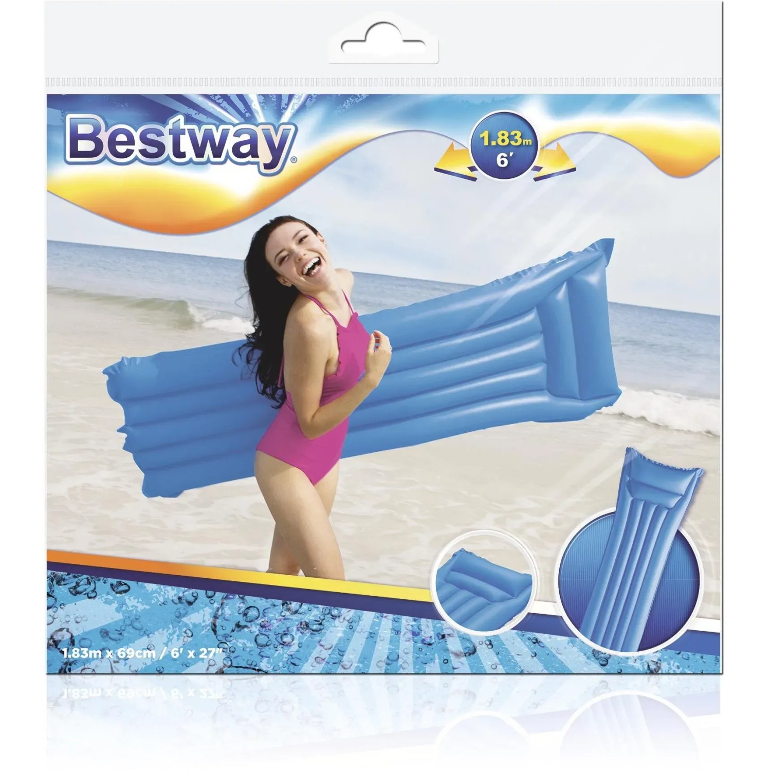 Bestway Luftmatratze Matte Finish, 170x54x15 cm, blau, mit Kopfstütze. Ideal für Pool und Strand.
