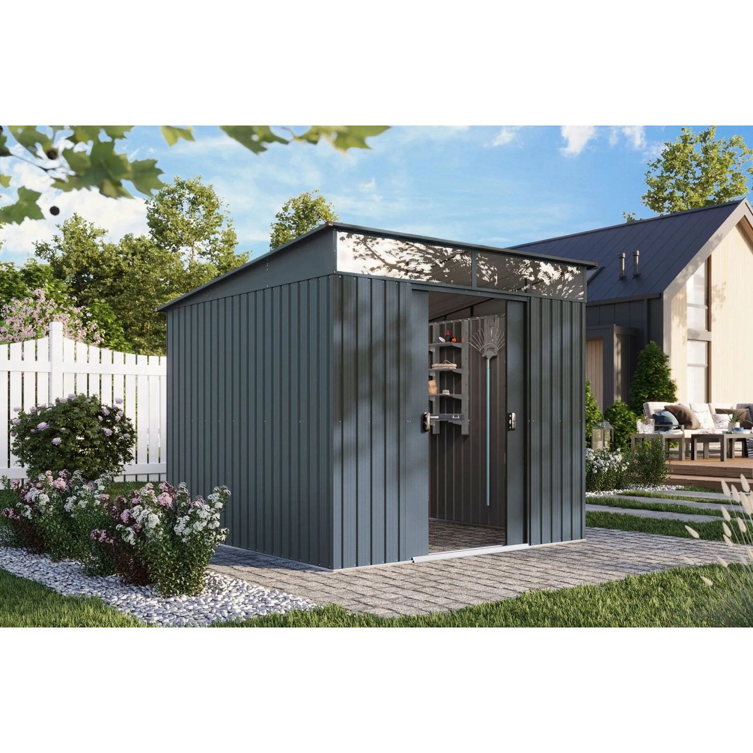 Pergart Gerätehaus Lübeck 88, anthrazit matt, mit Schiebetür und Lichtband im Garten.