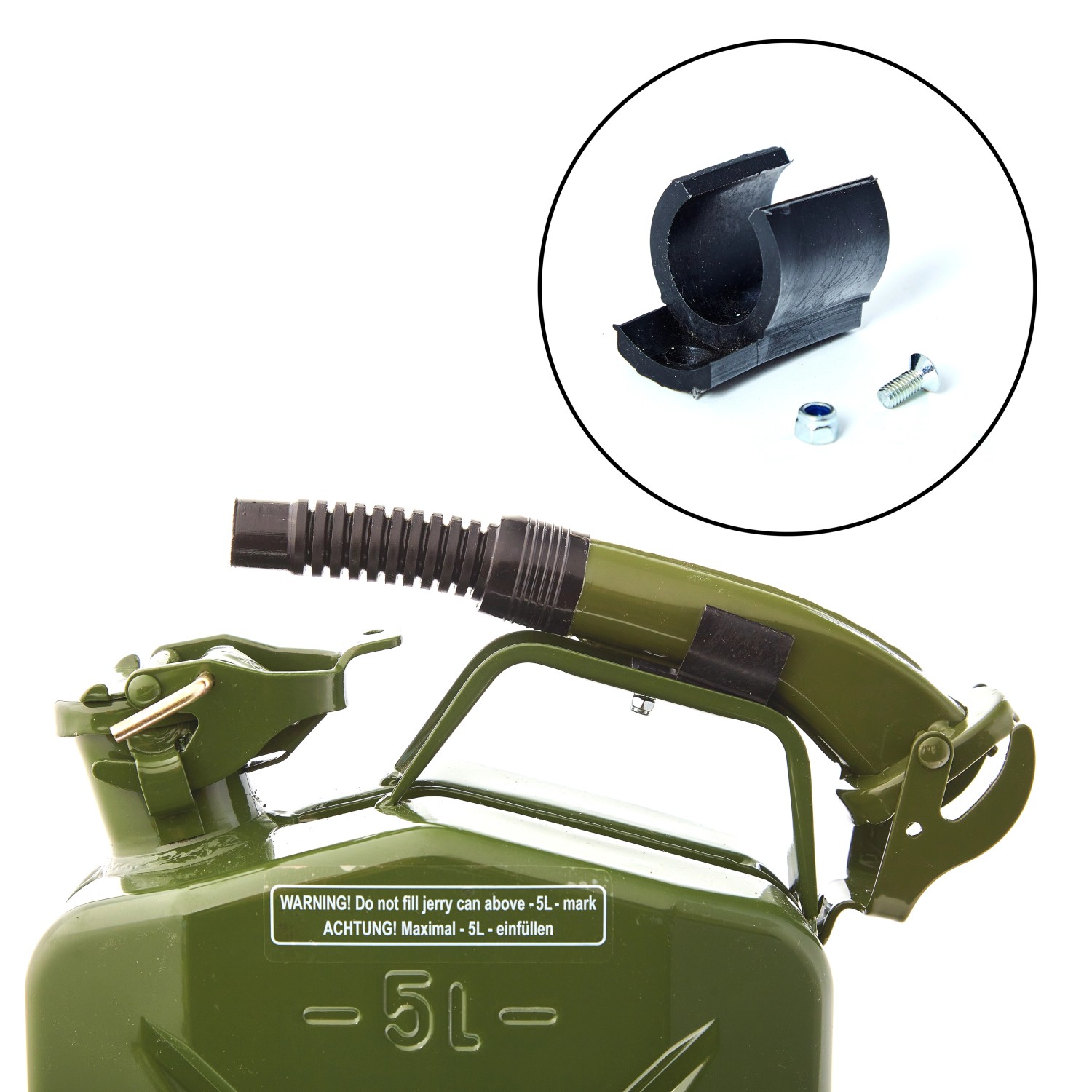 Olivgrüner 5L Metall Kraftstoffkanister mit Ausgießer und Halteclip für Pannenhilfe.