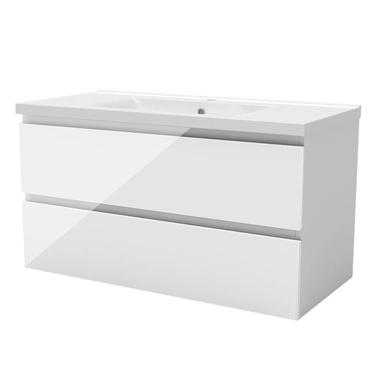 AICA Badmöbel Aalst 100 cm Keramik Waschtisch mit Unterschrank Hochglänzend Weiß Grifflos Softclose Schubladen 2 tlg.