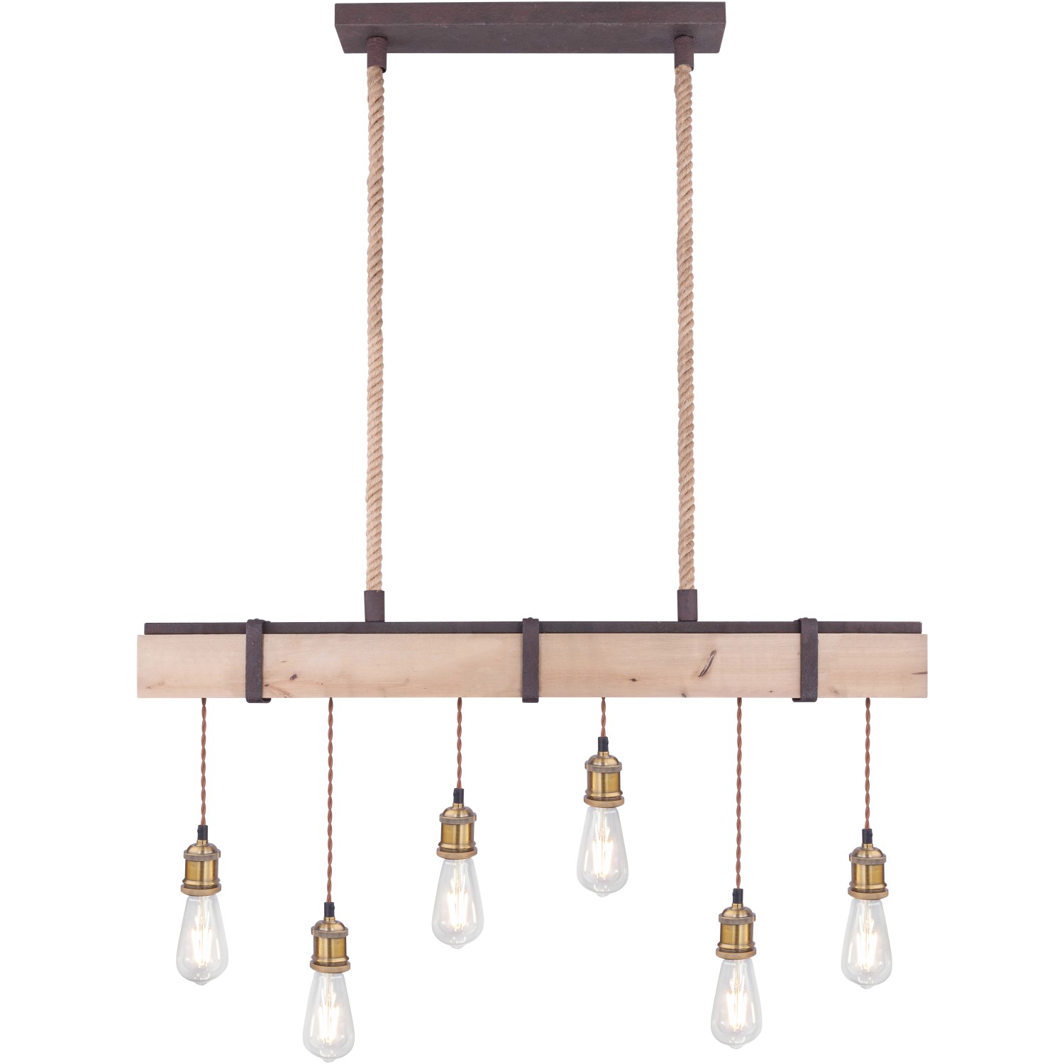 Pendelleuchte Mucha: Rostfarbene Hängelampe aus Metall und Holz mit sechs Leuchten ohne Schirm.