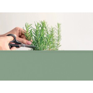 Herstera Garden Hochbeet Urban kaktusgrün: Hand schneidet Kräuter im Beet.