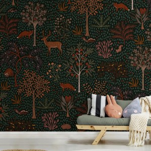 Art for the Home Fototapete Forest, Waldtiere auf dunklem Grund, 280x300 cm.