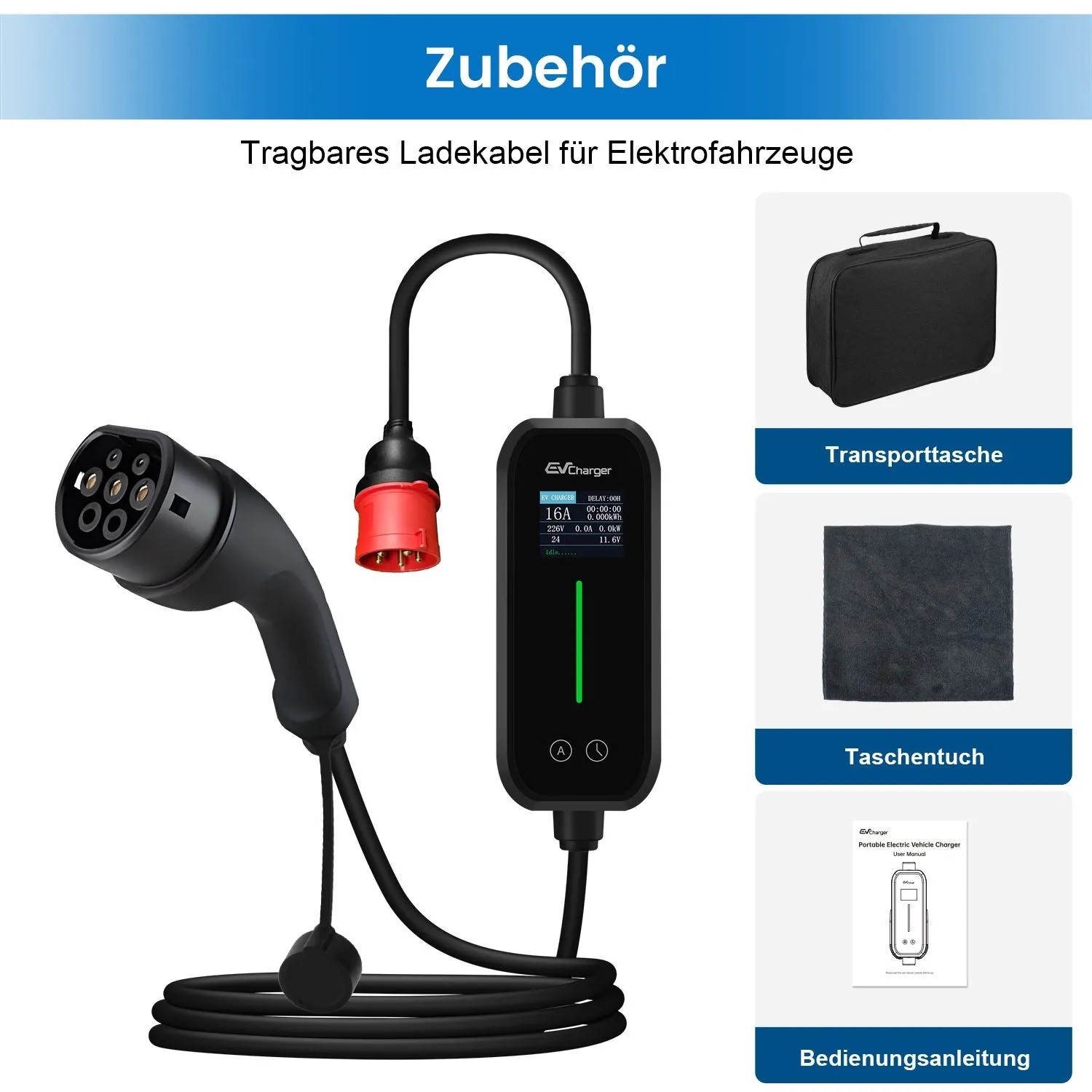 Junsun 11kW EV Ladestation mit Typ 2 Stecker, CEE Stecker und Zubehör.
