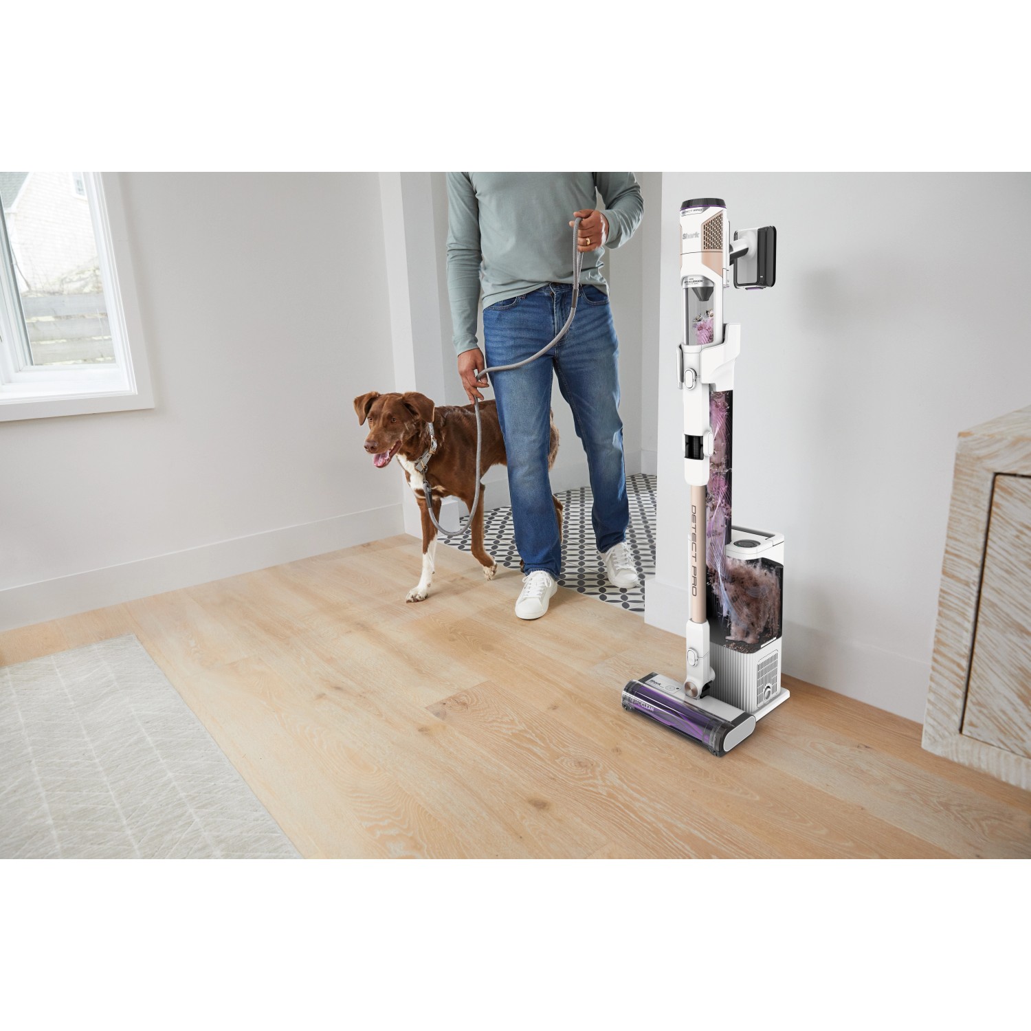 Shark Akkusauger Detect Pro mit Absaugstation und Hund im Hintergrund.