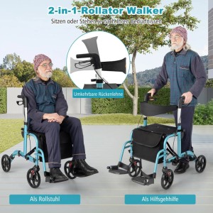 Costway Rollator Faltbar und Leicht mit Sitz 2-In-1 Rollstuhl Blau