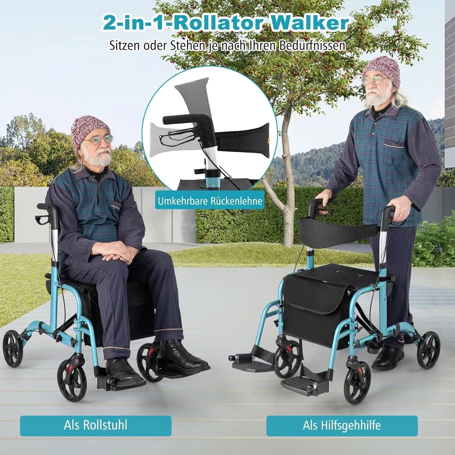 Costway Rollator Faltbar und Leicht mit Sitz 2-In-1 Rollstuhl Blau_2